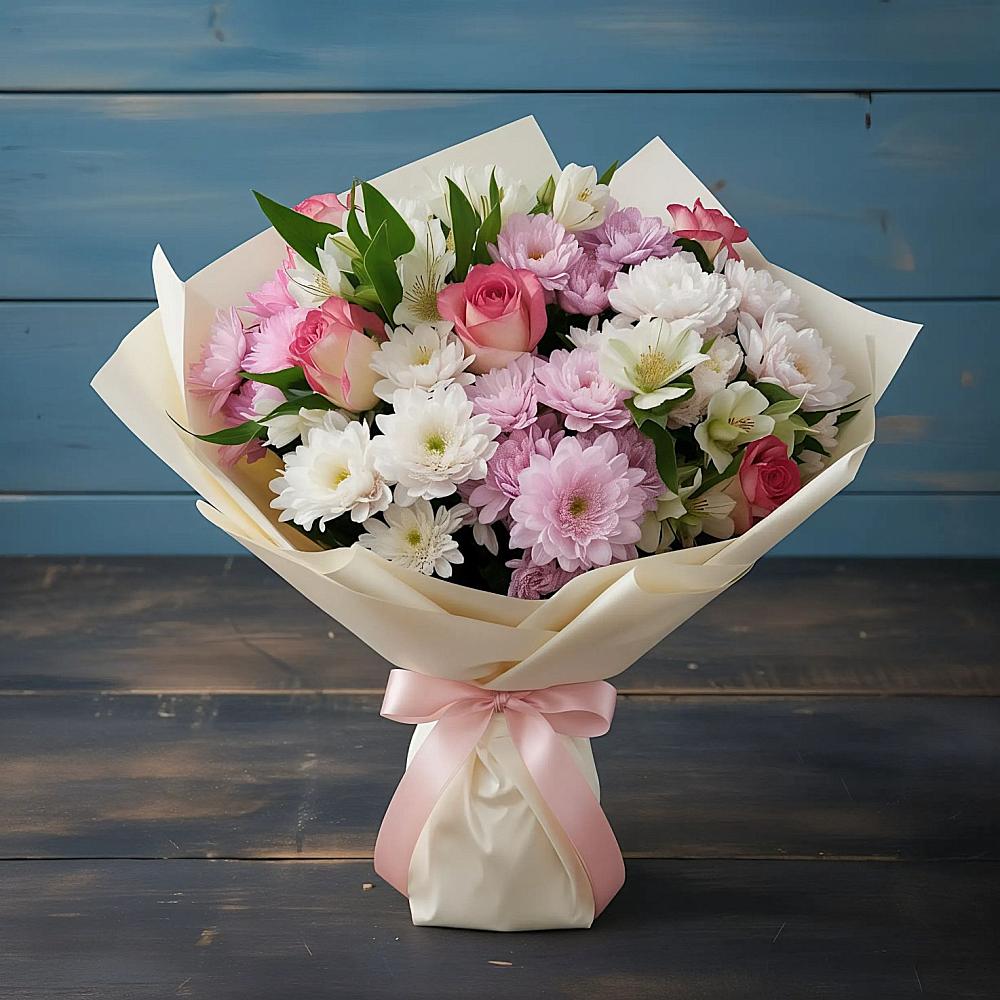 Букет цветов из: Хризантемы, Альстромерии и Розы в Вочепшем